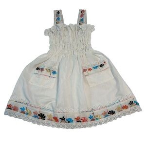 Vintage-Style White Embroidered Girl’s Dress Smocked Bodice, Floral Details‎